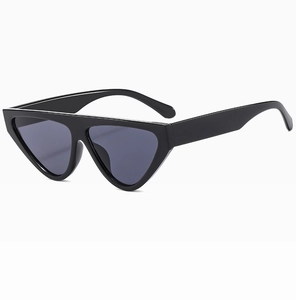 Side view of trendy triangular cat-eye sunglasses with thick black frames and dark lenses
