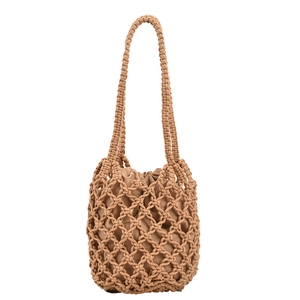 Bolso saco tejido a mano marrón claro con diseño de malla y bolsa interna con cordón