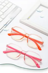 Detail of lightweight square anti-blue light glasses for kids in orange and pink frames
