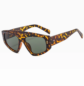 Close-up of tortoise shell flat top sunglasses with silver metal rivets on white background