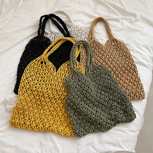 Handmade Woven Tote Bag Cotton Linen Hollow Out Net Summer Beach Vacation Bohemian Style Handbag For Women