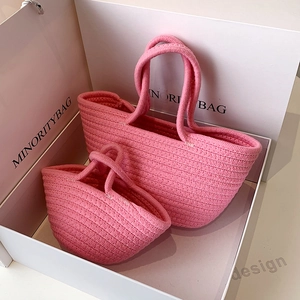 Pink cotton rope woven tote bag set for women and kids in a white gift box