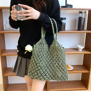 Army green handmade macrame beach tote bag with hollow woven mesh and twisted handle