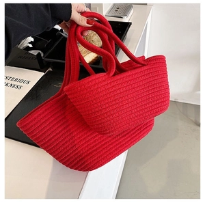 Handmade red cotton rope woven tote bag set with matching pouch for summer casual outings