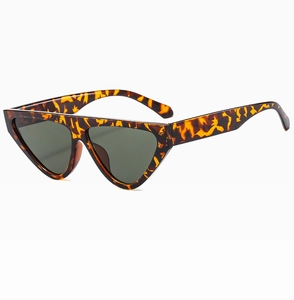Macro view of triangular cat-eye sunglasses with tortoise shell frame and dark lenses