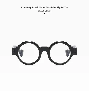 Front view of glossy black round frame glasses with clear anti-blue light lenses