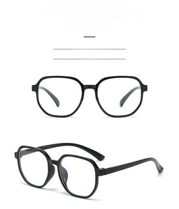 Detail view of large square black frame glasses with vintage anti-blue light lenses