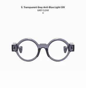 Detailed front view of round transparent grey anti-blue light glasses frame in classic style