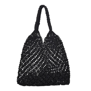 Handmade black macrame woven tote bag with hollow diamond pattern and braided handles