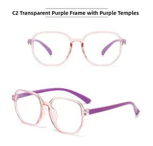 Detail view of square transparent purple frame glasses with deep purple temples