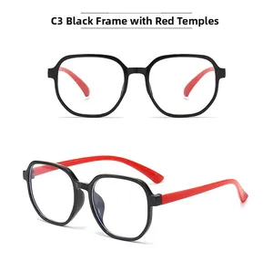 Detail view of square black frame glasses with red temples from front and side angles