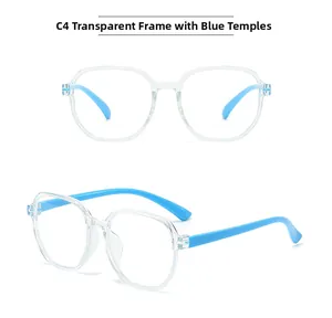 Close-up of C4 glasses with transparent square frames and stylish light blue temples
