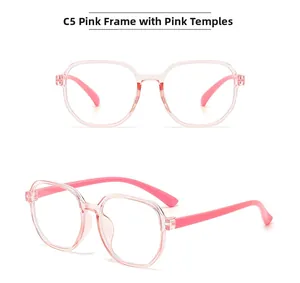 Detail view of stylish pink square eyeglasses frames with TR material and clear temples