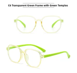 Detail view of stylish square C6 frames in translucent green with neon green temples