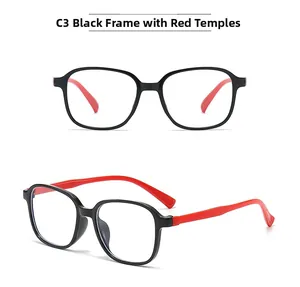 Détails de lunettes carrées C3 pour enfants avec monture noire et branches rouges légères