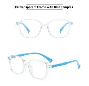 Détail de lunettes anti-lumière bleue pour enfants avec monture carrée et branches bleues