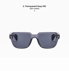 Detailansicht der quadratischen, rauchgrauen transparenten Sonnenbrille mit dunklen Gläsern
