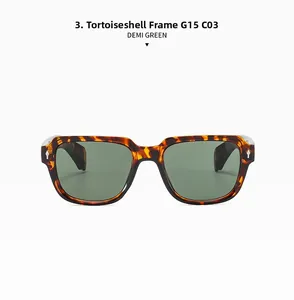 Detail der quadratischen Sonnenbrille in Schildpatt-Optik mit grünen G15-Gläsern und Glanz