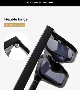 Close-up of flexible metal hinge and high quality painting on black square sunglasses
