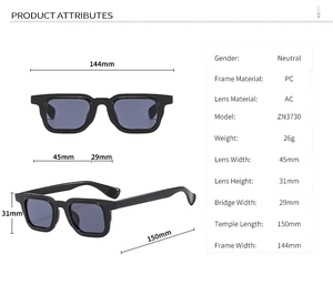 Technical size chart for square sunglasses with detailed frame and lens measurements