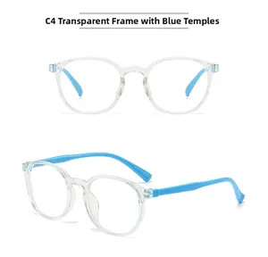 Vue détaillée des lunettes rondes C4 transparentes pour enfants avec branches bleues