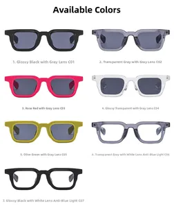 Vertical array of trendy rectangle sunglasses and blue light glasses in seven colors