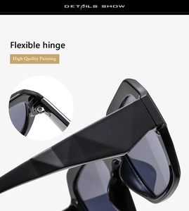 Détail des charnières flexibles et de la finition peinte de lunettes de soleil noires
