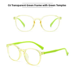 Vue de face et de profil de lunettes anti-lumière bleue vert transparent pour enfants