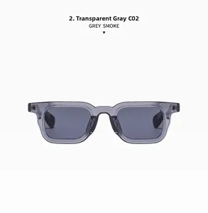 Detailed view of square thick-framed sunglasses in transparent grey smoke finish