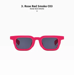 Detailed front view of C03 punk square sunglasses in rose red with smoke grey lenses