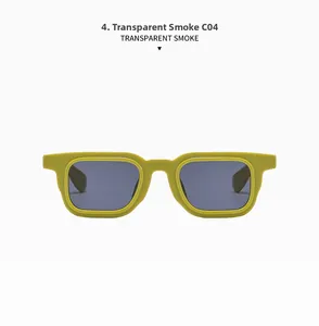 Close-up of modern square sunglasses in bright yellow with transparent smoke lenses