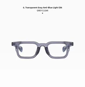 Detail view of transparent grey square frame glasses with anti-blue light clear lenses