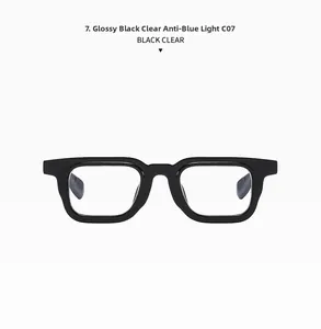Detail view of square black frame sunglasses with anti-blue light clear lenses C07