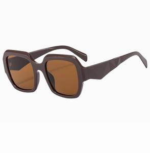 Gros plan sur des lunettes de soleil carrées marron avec branches à design géométrique