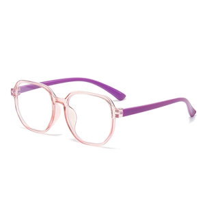 Stylish square frame glasses with transparent peach pink rims and purple temples for students