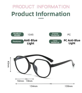 Detailed size specifications for kids blue light blocking glasses with PC frame and dimensions