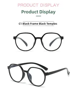 Front and 45-degree side view of black polygonal full-rim blue light blocking glasses