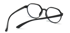 Detail view of black round children's glasses temples with printed model number HM-52018-139