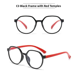 Detail view of model C3 kids glasses featuring a black polygonal frame and red temples