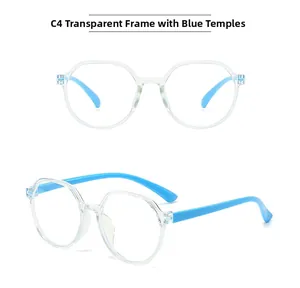 Detail of C4 children's round glasses featuring transparent frames and blue temples