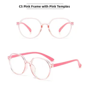 Detail view of pink polygonal anti-blue light kids glasses with model C5 text