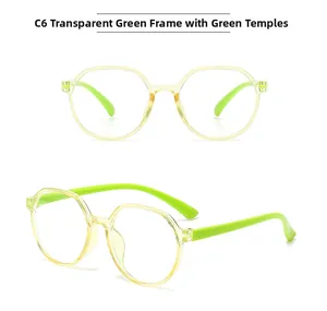 Detail view of kids transparent green blue light blocking glasses frames in C6 colorway