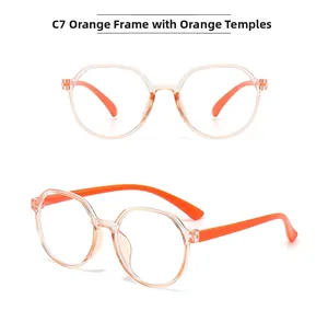 Detail view of orange polygon blue light blocking glasses for kids in C7 color option