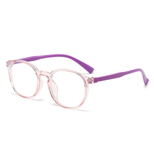 Lunettes anti-lumière bleue pour enfants avec monture rose et branches violettes, vue 45°