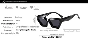 Detailed size specifications and PC material dimensions of trendy polygon punk sunglasses
