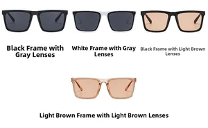 Detailed grid of oversized square sunglasses in black, white, and tea color options
