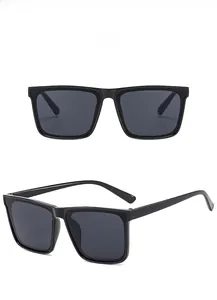 Front and side views of square oversized sunglasses with black frames and gray lenses