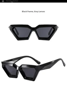 Macro detail of thick black polygon sunglasses with gray lenses and geometric frames