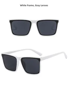 Detailed views of square oversized sunglasses with white frames and grey lenses