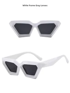 Front and 45-degree views of white irregular hexagonal sunglasses with gray smoky lenses